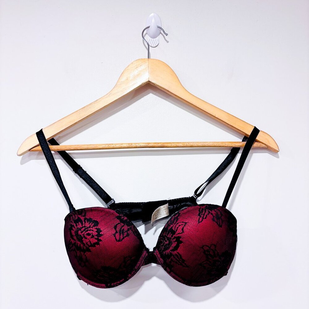LACY‎ Red & black lace push-up bra | Floral padded underwire lingerie | 34C *